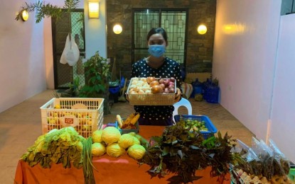 <p><strong>HEALTHY BUSINESS.</strong> Theresa Golbete, the 20-year-old daughter of farmer Mariano Golbete, shows some of the fresh fruits harvested from their small farm. The Golbete family sells fruit and vegetable products at a carport in Cotabato City to make both ends meet at this time of the pandemic.<em> (Photo by PNA Cotabato)</em></p>