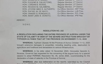 <p><strong>DECLARATION</strong>.  The province of Aurora was placed under state of calamity during a special session by the Sangguniang Panlalawigan on Saturday (Nov. 14, 2020). The declaration was made due to extensive damage incurred by the province during the height of Typhoon Ulysses. (<em>Photo courtesy of the Provincial Government of Aurora</em>)  </p>