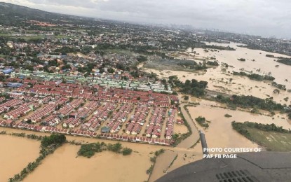 <p><strong>DELUGE</strong>. An aerial shot of the massive floods left by Typhoon Ulysses in Luzon. The national disaster council reported on Saturday (Nov. 14, 2020) that the death toll for “Ulysses" has reached 33 in four regions, while the number of injured was placed at 22 and the number of those reported missing at 20. <em>(Photo courtesy of the Philippine Air Force)</em></p>