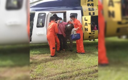 <p><strong>MED EVAC.</strong> Cleofina Abad, 78, was airlifted on board a military rescue chopper Monday morning to get to a hospital in Tuguegarao City, Cagayan for her dialysis. <em>(PAF photo)</em></p>