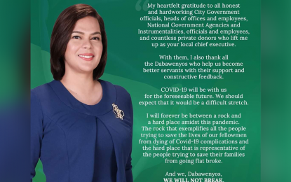 <p><strong>STATE OF THE CITY.</strong> Mayor Sara Z. Duterte touts the local government's coronavirus disease response 2019 (Covid-19) during her annual State of the City Address (SOCA) on Monday (Nov. 16, 2020). The mayor calls on Dabawenyos to unite behind the city's effort to defeat the virus. <em>(Image courtesy of the City Information Office)</em></p>