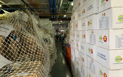 <p>Relief goods on board the BRP Tarlac en route to Catanduanes <em>(Photo courtesy of NDRRMC Spokesperson Peter Paul Galvez)</em></p>