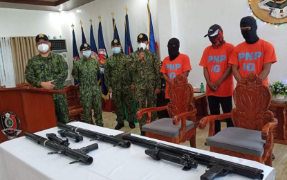 <p><strong>SURRENDER.</strong> Brig. Gen. Samuel Rodriguez (left), director of the Police Regional Office- Bangsamoro Autonomous Region in Muslim Mindanao, present to the media three members of outlawed Bangsamoro Islamic Freedom Fighters on Monday afternoon (Nov. 16, 2020). The three opted to surrender the fight against the government knowing that troopers will catch up on them soon. <em>(Photo courtesy of PRO-BARMM)</em></p>