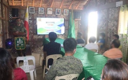 <p><strong>SKILLS TRAINING</strong>. A Philippine Army official briefs some of the former rebels in Basey, Samar about the livelihood assistance for them in this Nov. 12, 2020 photo. Some 90 former rebels have been selected as recipients of the skills training scholarship program by the Technical Education and Skills Development Authority. <em>(Photo courtesy of Philippine Army 63rd Infantry Battalion)</em></p>