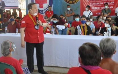 <p><strong>RELIEF AID.</strong> Philippine Red Cross chairman, Senator Richard Gordon, gives his message during the launch of the organization's humanitarian caravan that provided food and non-food relief to flood victims in Isabela province on Thursday (Nov. 19, 2020). The PRC allotted 2,000 relief packs each for Isabela and Cagayan<em>. (Photo by Villamor Visaya Jr.)</em></p>
