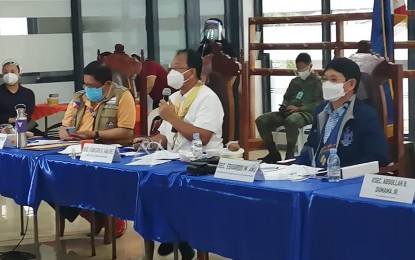 <p><strong>STRICTER QUARANTINE MEASURES.</strong> National Task Force Covid-19 chief implementer Secretary Carlito Galvez (center) recommends that Davao City be placed under general community quarantine during a meeting of the Regional Inter-Agency Task Force on Covid-19 on Wednesday afternoon (Nov. 18, 2020) in Davao City. The recommendation comes after the recent spike of cases in the city. <em>(Photo courtesy of Armando Fenequito)</em></p>