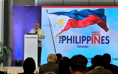 <p><strong>ATTRACTING FOREIGN INVESTMENTS</strong>. Trade Secretary Ramon Lopez delivers his keynote speech at the launch of the Make It Happen in the Philippines campaign at the Makati Diamond Residences, Makati City on Nov. 24, 2020. It is a unified, country-wide, and multi-sector investment campaign to attract foreign investments in key priority sectors. <em>(PNA photo by Kris Crismundo)</em></p>