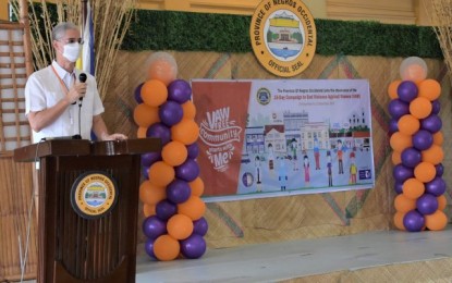 <p><strong>END VAW</strong>. Negros Occidental Governor Eugenio Jose Lacson speaks before the participants during the opening of the 18-Day Campaign to End Violence Against Women (VAW) at the Capitol Social Hall in Bacolod City on Tuesday (Nov. 24, 2020). “Under my watch, Negrense women will always have a fighting chance and shall be treated without prejudice,” he says. <em>(Photo courtesy of PIO Negros Occidental)</em></p>