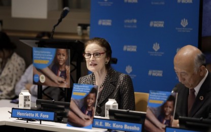 <p><strong>COVID-19 VACCINES</strong>. Henrietta Fore (C), Executive Director of the United Nations Children's Fund (UNICEF), addresses a discussion on vaccine misinformation and growing distrust at the UN headquarters in New York on June 28, 2019. UNICEF is working with over 350 partners to deliver Covid-19 vaccines once the doses become available next year. <em>(Xinhua/Li Muzi)</em></p>