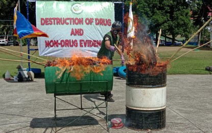 <p><strong>DESTROYED.</strong> A personnel from the Philippine Drugs Enforcement Agency in Region 11 supervises the burning of some PHP14 million worth of illegal drugs on Thursday (Nov. 26, 2020) in Davao City. The destroyed narcotics consist of those that have been approved by the court for disposal. <em>(Photo courtesy of PDEA-11)</em></p>