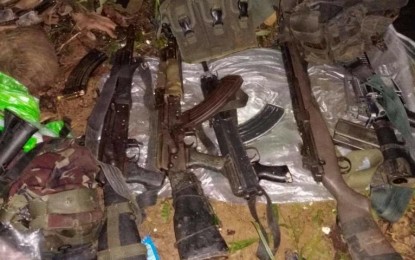 <p><strong>CLASH AFTERMATH</strong>. Army soldiers recovered three AK-47 rifles, one M14 rifle, one M653 5.56 caliber rifle, five backpacks that contain war materiel and subversive documents after an armed clash with New People’s Army (NPA) terrorists in San Isidro, Marihatag, Surigao del Sur on Saturday afternoon (Nov. 28, 2020). Killed in the firefight between the NPA and the Army’s 3rd Special Forces Battalion was the daughter of Bayan Muna Party-list Rep. Eufemia Campos Cullamat, identified as Jevilyn Campos Cullamat, 22, alias “Ka Reb”. <em>(Photo courtesy of 3SFBn)</em></p>
<p> </p>
