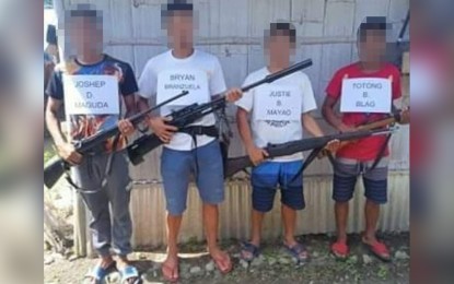 <p><strong>SURRENDER</strong>. Four of the seven members of the New People’s Army who gave up to the military in two towns of Sultan Kudarat province on Sunday (Nov. 29, 2020). The surrenderers vowed never to return to rebel life and be duped again by the false promises of the communist terrorist group. <em>(Photo courtesy of 6ID)</em></p>