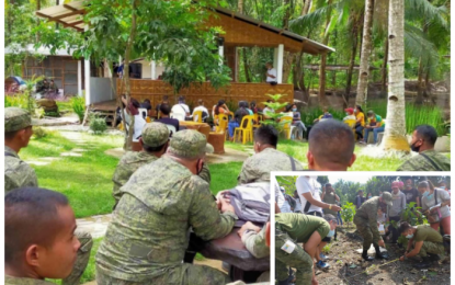 <p><strong>AGRO-TECHNOLOGY TRAINING.</strong> The lecture and actual field instruction on agricultural technology imparted by mentors from the Technical Education Skills and Development Authority on some 50 trainees from eight former communist-influenced villages in Tulunan, North Cotabato. The trainees (inset) are being assisted by personnel of the Army’s 39th Infantry Battalion throughout the program. <em>(Photo courtesy of 39IB)</em></p>