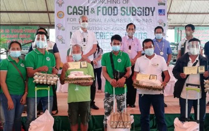 <p><strong>CASH, FOOD AID</strong>. Agriculture Secretary William Dar (3rd from right, back row), Negros Occidental Governor Eugenio Jose Lacson (2nd from left, back row), and other officials pose with some of the recipients of the PHP5,000 cash and food assistance from the Department of Agriculture during the turnover rites held at Panaad gymnasium in Bacolod City on Tuesday (Dec. 8, 2020). Some 34,000 non-rice farmers and fisherfolk in the province benefited from the aid as part of the national government’s Covid-19 response under the Bayanihan to Recover as One Act (Bayanihan 2). <em>(PNA photo by Nanette L. Guadalquiver)</em></p>