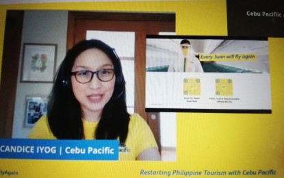 <p>Candice Iyog, vice president for Cebu Pacific's Marketing and Customer Experience, during the virtual presser on Dec. 9, 2020. (<em>PNA photo by Cristina Arayata</em>)</p>
