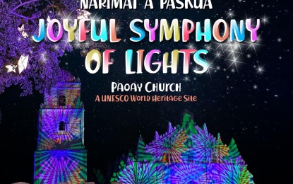 <p><strong>LIGHTS SHOW. </strong>A joyful symphony of lights illuminates the facade and bell tower of the iconic St. Augustine Church in Paoay, Ilocos Norte. The lights show will be open to the public starting Thursday (Dec. 10, 2020) from 6:30 p.m. to 9 p.m. (<em>Image courtesy of Ilocos Norte Tourism Facebook Page</em>) </p>