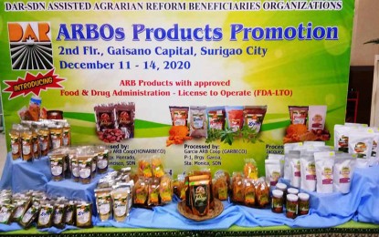 <p><strong>LOCALLY-MADE.</strong> Products produced by Agrarian Reform Beneficiaries Organizations of the Department of Agrarian Reform in Surigao del Norte are among the goods being featured at the ongoing Karajawan nan Surigao Trade Expo Christmas Edition that will run from Dec. 11 to Dec. 14, 2020 at the Gaisano Capital in Surigao City. Officials underscore the importance of buying local to help farmers and small businesses cope with the coronavirus disease pandemic. <em>(Photo courtesy of DAR-SDN)</em></p>