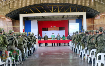 <p><strong>IMMERSION</strong>. Some 300 soldiers get last-minute instructions from their superiors and local government officials on Saturday (Dec. 12, 2020) before their deployment to six remote villages in Kalamansig, Sultan Kudarat that are affected by the presence of communist-terrorists. The soldiers were tasked to immerse themselves in the communities and repel attempts by the communist New People’s Army to dupe and recruit members from the remote villages. <em>(Photo courtesy of 6ID)</em></p>