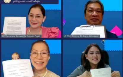 <p><strong>RT-PCR TEST</strong>. (Clockwise from upper left) Tourism chief Bernadette Romulo-Puyat, UP-PGH director Dr. Gerardo “Gap” Legaspi, TPB chief operating officer Maria Anthonette Velasco-Allones, and DOT-TPB DCOO Jocelyn Patrice Deco show copy of a memorandum of agreement signed in a virtual ceremony on Tuesday (Dec. 15, 2020). Under the deal, the Tourism Promotions Board (TPB) will subsidize half the cost of reverse transcription-polymerase chain reaction test of some 11,000 domestic tourists at the UP-Philippine General Hospital. <em>(Photo courtesy of DOT)</em></p>
