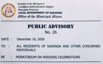 <p>The advisory of the local government of Sadanga, Mountain Province on Dec. 16 on the moratorium to hold wedding celebrations.</p>