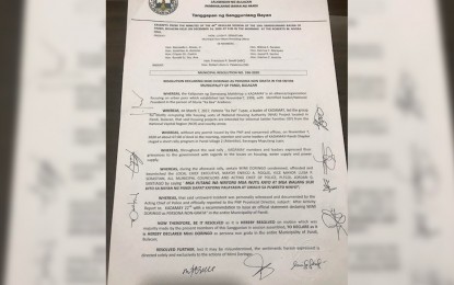 <p><strong>RESOLUTION</strong>. The copy of the resolution declaring secretary-general and national spokesperson of the urban poor group Kalipunan ng Damayan ng Mahihirap (Kadamay) Mimi Doringo persona non-grata by the local officials of Pandi, Bulacan. Mayor Enrico Roque said on Thursday (Dec. 17, 2020) that local officials cannot tolerate Doringo’s lack of respect for government officials and law enforcers. <em>(Courtesy of Pandi Mayor Enrico Roque)</em></p>