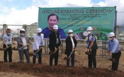 <p><strong>GROUND BREAKING</strong>. Agriculture Secretary William Dar (4th from left), leads the groundbreaking of the PHP40-million vegetable processing and packaging facility in La Trinidad, Benguet on Tuesday (Dec. 22, 2020). The facility will solve the dumping of excess vegetables due to over production and unsold products. (<em>PNA photo by Liza T. Agoot</em>) </p>
