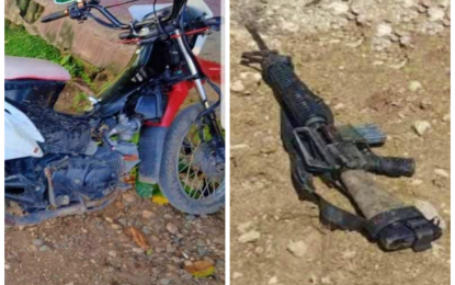 <p><strong>SEIZED.</strong> The slain BIFF member's motorbike (left) and rifle (right) recovered following a 45-minute clash by government troopers with 10 BIFF gunmen in Datu Hoffer, Maguindanao on Wednesday (Dec. 23, 2020). A government militiaman was wounded in the same incident and is now being treated at a local hospital. <em>(Photo courtesy of 1MIB)</em></p>