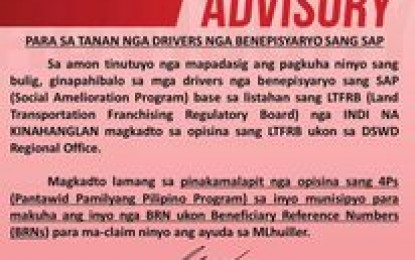 <p><strong>EXTENDED</strong>. The Department of Social Welfare and Development Regional Office 6 has extended the release of the Social Amelioration Program (SAP) for drivers until January 31, 2021. In Antique, there are 646 drivers identified as beneficiaries.<em> (Photo courtesy of DSWD-6)</em></p>