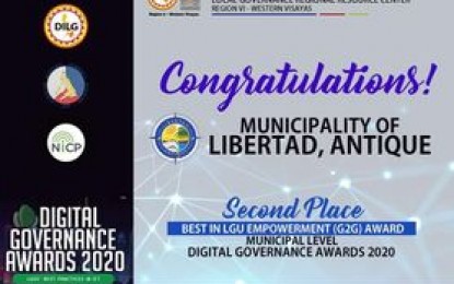 <p><strong>DIGITAL AWARD</strong>. The municipality of Libertad garnered second place in the search for Best in LGU Empowerment (G2G) Award for the municipal category of the Department of the Interior and Local Government's (DILG’s) Digitalization Governance Award in 2020. Libertad Mayor Mary Jean Te on Friday (Jan. 8, 2021) said she is thankful that they had been recognized by the DILG for their efficiency in the delivery of public services utilizing information and communications technology. <em>(Photo courtesy of DILG Antique)</em></p>