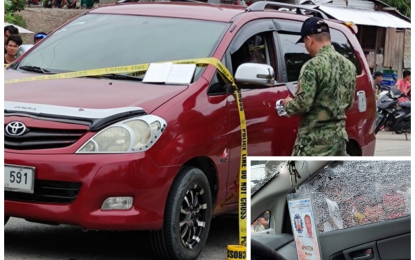 <p><strong>AMBUSHED</strong>. Police investigators check on the vehicle of Apinton Ibrahim (ID shown in inset photo), an engineering assistant at DPWH-12, after he was tailed and shot dead by a motorcycle riding-in-tandem along the highway in Barangay Pinguiaman, Datu Odin Sinsuat, Maguindanao on Monday (Jan. 11, 2021). Police have yet to identify the perpetrators and the motive of the killing.<em> (Photo courtesy of Brigada News FM Cotabato)</em></p>
