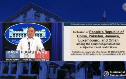 <p><strong>TRAVEL RESTRICTION.</strong> Presidential Spokesperson Harry Roque announces that five more countries have been included on the Philippines’ list of temporary travel restriction amid the threat of new variant of Covid-19 during the virtual presser on Tuesday (Jan. 13, 2020). These countries include China, Pakistan, Jamaica, Luxembourg, and Oman.<em> (Screenshot)</em></p>