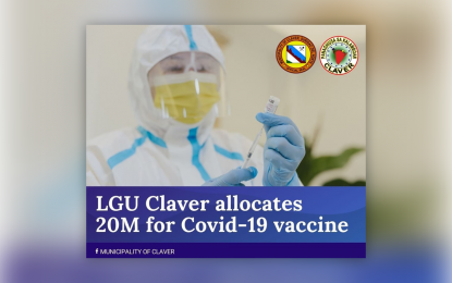 <p><strong>BUDGET FOR VACCINES.</strong> The local government of Claver in Surigao del Norte announces Wednesday (Jan. 13, 2021) its plan to purchase PHP20 million worth of vaccines against the coronavirus disease. Mayor Georgia Gokiangkee says the local government is looking at collaborating with mining companies and other donors to realize the plan. <em>(Photograb from Municipality of Claver FB Page)</em></p>