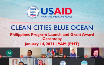 <p><strong>CLEAN CITIES, BLUE OCEAN.</strong> Screen capture of the virtual launch of the United States Agency for International Development's Clean Cities, Blue Ocean program. Nearly PHP42 million in grants were awarded by the USAID to five organizations with programs that aim to reduce plastic pollution in Philippine waters. <em>(Screen capture courtesy of USAID)</em></p>