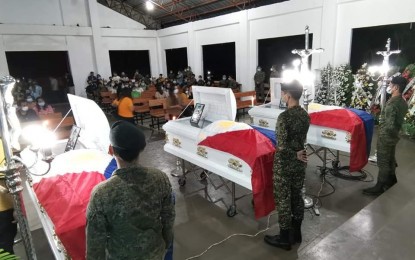 <p><strong>GREAT LOSS.</strong> The public viewing of the three soldiers who died in a shooting incident on Thursday morning in Poona Piagapo, Lanao del Norte. A necrological service was held Saturday (Jan. 16, 2021) at the newly-finished chapel inside the headquarters of the 2nd Mechanized Infantry Brigade in Barangay Maria Cristina, Iligan City. <em>(Photo by Divina M. Suson)</em></p>