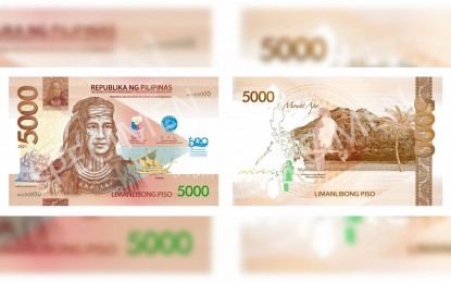 <p><strong>COMMEMORATIVE NOTE</strong>. The obverse and reverse side of the PHP5,000 Lapu-Lapu commemorative note that the Bangko Sentral ng Pilipinas (BSP) and the 2021 Quincentennial Commemorations in the Philippines (QCP) launched on Monday (Jan. 18, 2021). The paper bill was launched along with a commemorative medal in line with the 500th anniversary of Lapu-Lapu's victory in Mactan, Cebu and the country's part in world circumnavigation. <em>(BSP photo)</em></p>