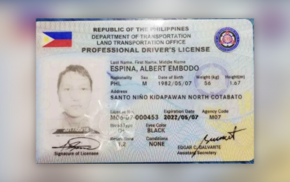 <p><strong>SURVIVOR.</strong> The driver’s license of shooting victim Albert Espina, chairperson of Barangay Sto. Niño, Kidapawan City. Espina was hurt but survived a gun attack perpetrated by three men on a road in Purok 7 in Barangay Sto. Niño on Tuesday evening (Jan. 19, 2021). <em>(Photo courtesy of Kidapawan PNP)</em></p>