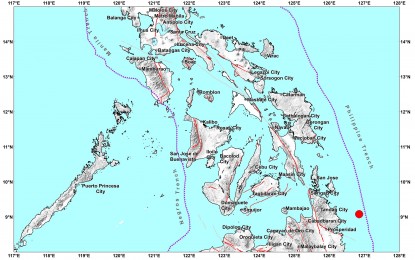<p>Epicenter of the 5.2 magnitude quake in Surigao del Sur (<em>Image grabbed from Phivolcs' website</em>)</p>