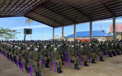 <p><strong>RESERVES.</strong> The Philippine Army is organizing a battalion of reservists to boost the community-based security forces against the Abu Sayyaf Group bandits in the province of Sulu. A total of 195 Tausug volunteers (in photo), who graduated Saturday (Jan. 23, 2021) from a 45-day Basic Citizen Military Training, will compose the first batch of the first-ever Sulu Ready Reserve Battalion.<em> (Photo courtesy of the Army's 11th Infantry Division Public Information Office)</em></p>