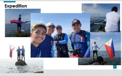 <p><strong>FORGING RIGHTS.</strong> A group of young men puts a Philippine flag in the Scarborough shoal in October 2020. Shortly after, they founded Kabataang Makadagat, which advocates for rights of Filipino fishermen to fish in the West Philippine Sea.<em> (Copy of a slide from Kabataang Makadagat's presentation)</em></p>