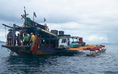 <p><strong>ILLEGAL FISHING.</strong> One of two fishing vessels with 23 crew members apprehended by authorities off the coast of Sto. Niño, Samar on Thursday (Jan. 28, 2021). These fishermen were caught using illegal fishing gears within the municipal waters.<em> (Photo courtesy of Bureau of Fisheries and Aquatic Resources)</em></p>