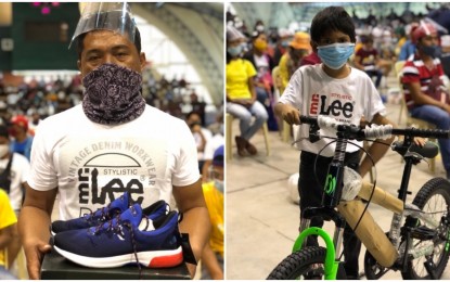 <p><strong>PRE-VALENTINE AID</strong>. Combo photo shows a resident holding a pair of shoes and a schoolchild holding a bicycle given by Sen. Christopher "Bong" Go. They were part of the 248 families, who were victims of the landslide near the Carmen Copper Corporation in Barangay Lutopan, Toledo City in December 2020, that received pre-Valentine gift from Senator Go.<em> (Contributed photo)</em></p>