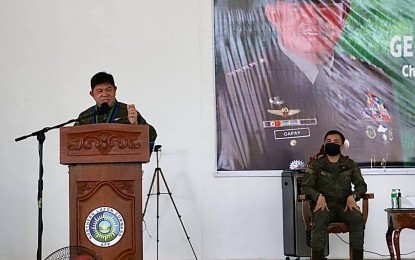 <p><strong>RECOGNITION</strong>. Gen. Gilbert Gapay, the Chief of Staff of the Armed Forces of the Philippines, delivers his message during an awarding ceremony held at the Northern Luzon Command (Nolcom) headquarters in Camp Aquino, Tarlac on Tuesday (Feb. 2, 2021). Gapay bestowed battle streamer awards to the military units under Nolcom that were instrumental in dismantling communist terrorist fronts operating in Central and Northern Luzon<em>. (Photo courtesy of Northern Luzon Command)</em></p>