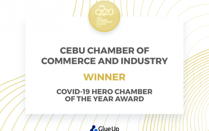 <p><strong>COVID-19 HERO AWARD.</strong> Screenshot shows the Covid-19 Hero Chamber of the Year Award given to the Cebu Chamber of Commerce and Industry during the 4th APAC Chamber of Commerce Awards by Glue Up, on Wednesday (Feb. 3, 2021).  The Awards recognizes and honors chambers in the Asia-Pacific region that have shown remarkable leadership during the Covid-19 pandemic. <em>(Screengrab from Glue Up video)</em></p>