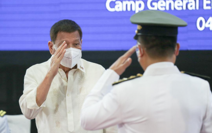 <p><strong>NEW AFP CHIEF</strong>. President Rodrigo R. Duterte salutes incoming Armed Forces of the Philippines (AFP) Chief of Staff Lt. Gen. Cirilito Sobejana during the AFP Change of Command and Retirement Ceremony at Camp Emilio Aguinaldo in Quezon City on Thursday (Feb. 4, 2021). Duterte also thanked outgoing AFP chief Gen. Gilbert Gapay for his successful tour of duty. <em>(Presidential photo by Simeon Celi)</em></p>
