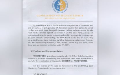 <p><strong>HUMAN RIGHTS VIOLATIONS.</strong> The dispositive portion of the investigation findings released by the Commission on Human Rights in Caraga Region dated Dec. 28, 2020 showed that human rights violations were committed by the communist New People’s Army in an ambush-slaying of Datu Hawudon Jumar Bucales, the Indigenous People Mandatory Representative (IPMR) of Lianga, Surigao del Sur. Bucales and two of his companions were killed when waylaid on Oct. 4, 2020 in Barangay Banahao, Lianga town. <em>(Photo courtesy of 3SFBn)</em></p>