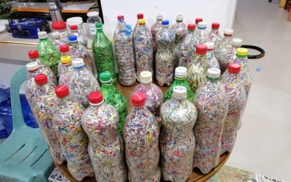 <p><strong>WASTE FOR RICE</strong>. Some plastic bottles filled with shredded plastic waste ready for barter with rice and canned goods in Tarangnan, Samar in this undated photo. Town residents are entitled to two kilograms of rice and some canned goods for every kilo of shredded plastic waste inside a 1.5 liter of plastic bottle. <em>(Photo courtesy of Tarangnan local government)</em></p>