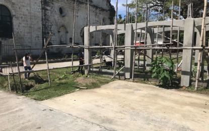 <p><strong>HALTED</strong>. The National Historical Commission of the Philippines (NHCP) on Tuesday (Feb. 9, 2021) ordered the DPWH Antique to cease and desist with the ongoing rehabilitation of the heritage church’s plaza in Anini-y, Antique. The NHCP said the “rehabilitation is desecrating the spacious and magnificent facade of the church.” <em>(Photo courtesy of DPWH Antique)</em></p>