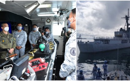 <p><strong>PATROL MISSIONS</strong>. Central Command chief, Lt. Gen. Roberto Ancan (left photo) listens to the briefing from a Navy officer about the combat capabilities of the BRP Ramon Alcaraz, during his visit on Friday (Feb. 12, 2021). The Gregorio del Pilar-class warship completed its patrol missions in Cebu and eastern seawaters of the Visayas. <em>(Photos courtesy of Centcom and Navforcen PIO)</em></p>