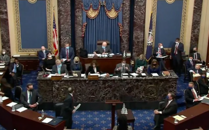 <p><strong>ACQUITTED</strong>. Video screenshot from the US Senate Democrats Twitter account shows the Senate voting in former President Donald Trump's second impeachment trial on Capitol Hill, Washington, D.C., the United States on Feb. 13, 2021. The US Senate voted and acquitted Trump, concluding his second impeachment trial which is the shortest one in the US history.<em> (Xinhua)</em></p>