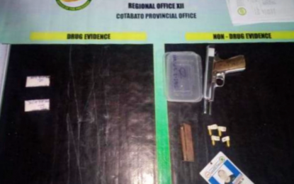 <p><strong>SEIZED.</strong> The suspected shabu items and .45 caliber pistol confiscated from the home of suspect Moises Seniel III following a raid at his home in Barangay Malayan, M'lang, North Cotabato on Monday night. (Feb. 15, 2021). The seized shabu items have an estimated street value of PHP70,000. <em>(Photo courtesy of PDEA-12)</em></p>